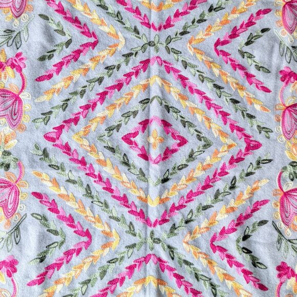 Gray Pink Yellow Embroidered Cashmere Wool Oversized Scarf Shawl - Picture 3 of 8